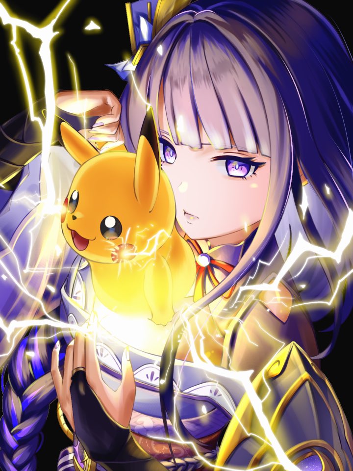 pikachu, raiden shogun, genshin impact, nintendo, pokemon, commentary request, 1girl, arm up, armor, between breasts, black background, blue pupils, blunt bangs, braid, breasts, bridal gauntlets, closed mouth, clothing cutout, creature, crossover, electricity, friends, from side, gen 1 pokemon, glowing, gradient hair, hair ornament, happy, human scabbard, japanese armor, japanese clothes, kimono, large breasts, long braid, long hair, looking at viewer, looking to the side, mitsudomoe (shape), mole, mole under eye, multicolored eyes, multicolored hair, neck ribbon, off shoulder, open mouth, parody, pink lips, pokemon (creature), powering up, pulling, purple eyes, purple hair, purple kimono, purple nails, red ribbon, red sash, ribbon, sash, shade, shoulder armor, shoulder cutout, single braid, standing, streaked hair, tomoe (symbol), upper body, you romu 77