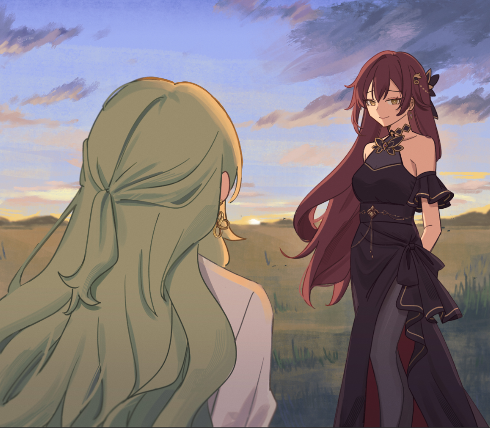 rena ( rrena), eden (honkai impact), mobius (honkai impact), mobius (pre-surgery) (honkai impact), honkai (series), honkai impact 3rd, commentary request, 2girls, bare shoulders, black dress, black pantyhose, blue sky, breasts, brown hair, coat, dress, green hair, large breasts, long hair, looking at another, multiple girls, pantyhose, sky, smile, sunset, very long hair, white coat