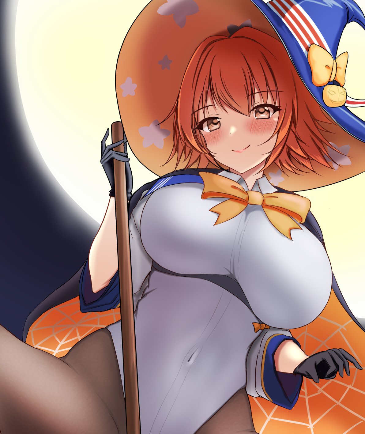 montemasa, richard p. leary (kancolle), kantai collection, highres, 1girl, black cape, black gloves, black pantyhose, blue hat, boots, bow, breasts, broom, broom riding, brown eyes, brown hair, cape, full moon, gloves, grey leotard, halloween costume, hat, highleg, highleg leotard, jack-o'-lantern print, large breasts, leotard, looking at viewer, moon, night, orange bow, orange cape, pantyhose, richard p. leary (halloween) (kancolle), short hair, sleeved leotard, two-sided fabric, witch hat