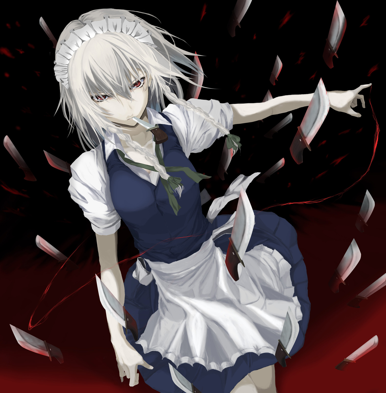 simon (n.s craft), izayoi sakuya, touhou, silver hair, highres, source request, 1girl, apron, braid, female focus, knife, maid, maid apron, red eyes, solo, throwing knife, twin braids, weapon