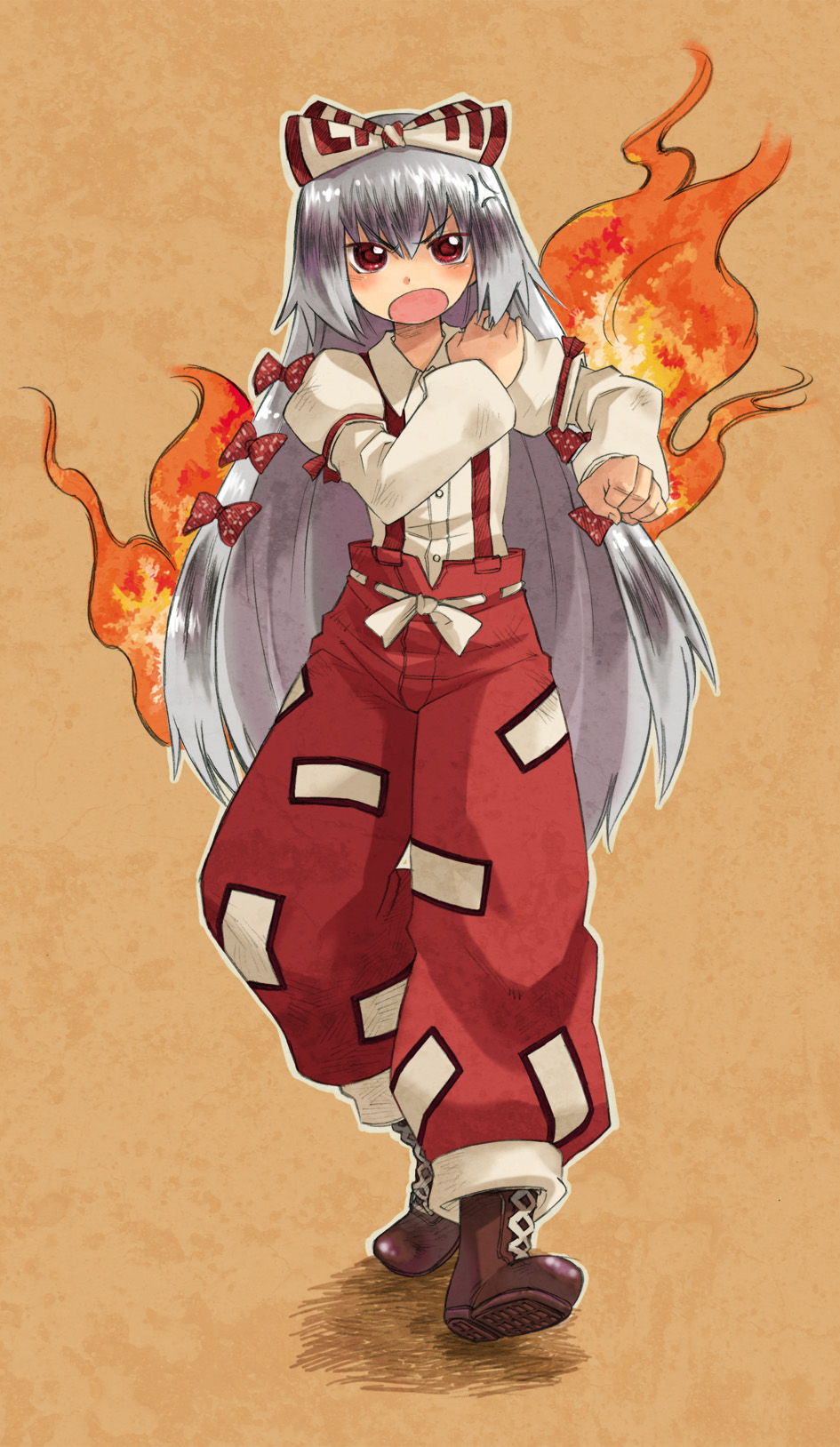 nada haruka, fujiwara no mokou, touhou, silver hair, highres, traditional media, 1girl, angry, boots, female focus, fire, full body, hair ribbon, red eyes, ribbon, solo, standing