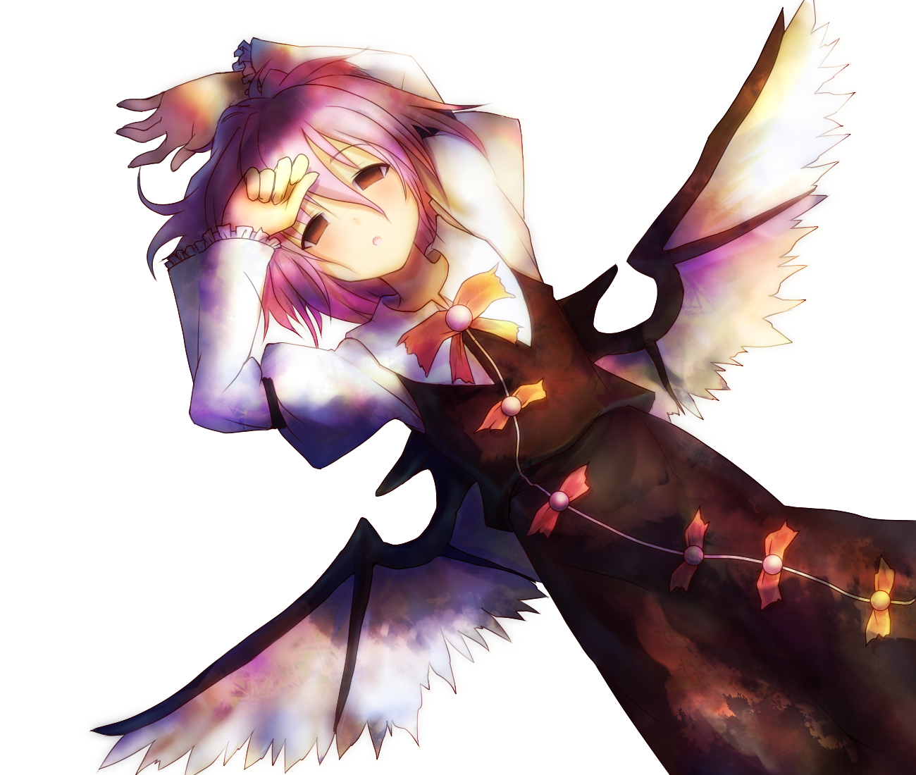 eho (icbm), kaiho, mystia lorelei, touhou, bad id, bad pixiv id, 1girl, female focus, lying, no headwear, pink hair, red eyes, short hair, solo, wings