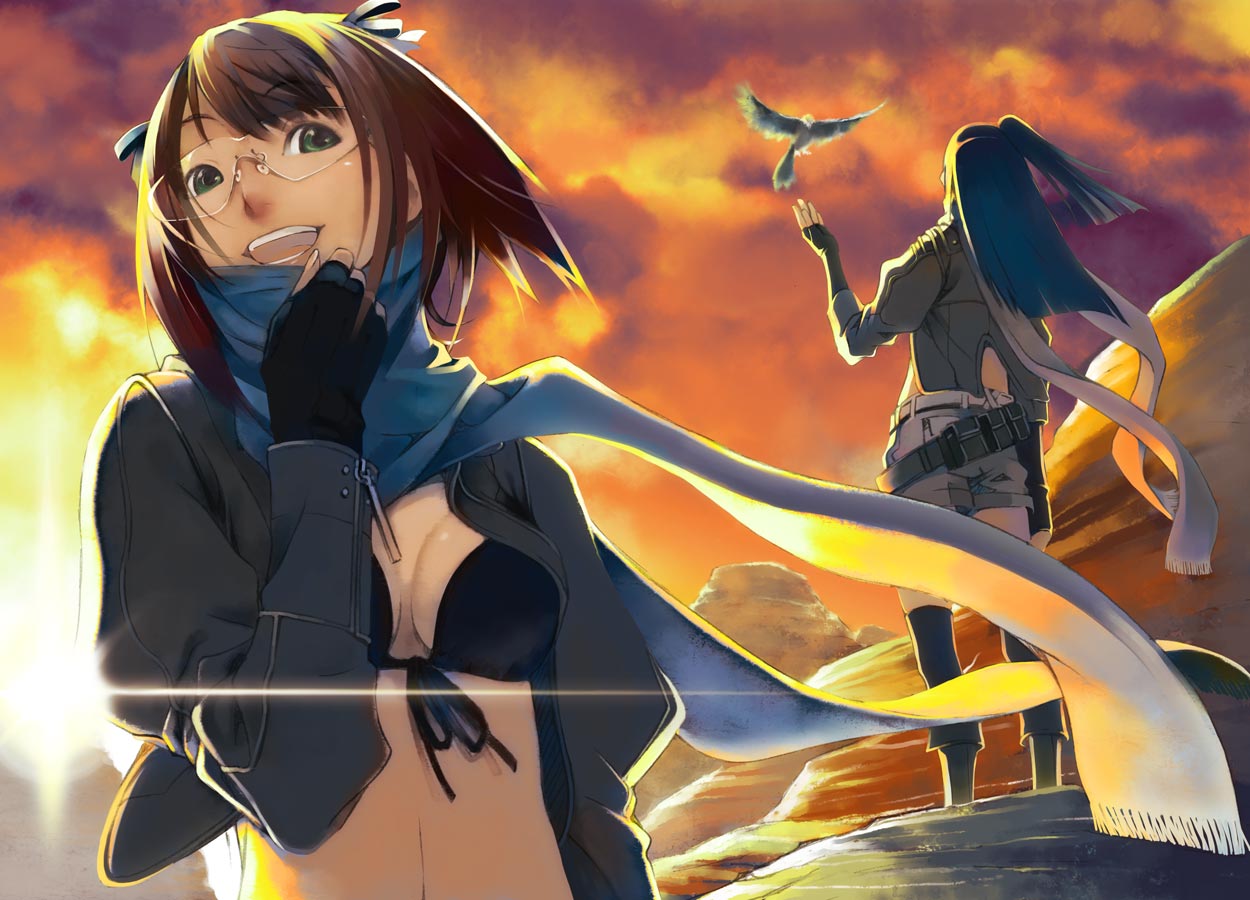 shiomiya iruka, amami haruka, kisaragi chihaya, idolmaster, idolmaster (classic), idolmaster 1, 00s, 2girls, bikini, bird, fingerless gloves, glasses, gloves, green eyes, long hair, multiple girls, ribbon, scarf, short hair, sunset, swimsuit