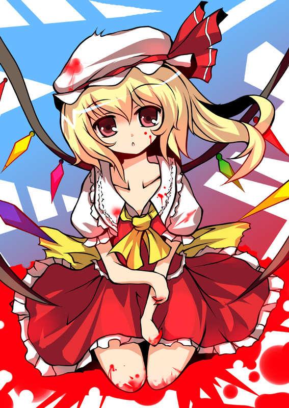 hoshikuzu, flandre scarlet, touhou, bad id, 1girl, blonde hair, blood, blouse, collared shirt, female focus, frilled vest, frills, full body, gradient background, hair between eyes, hat, mob cap, red eyes, shirt, sitting, solo, vest, white hat, white shirt, wings, yandere