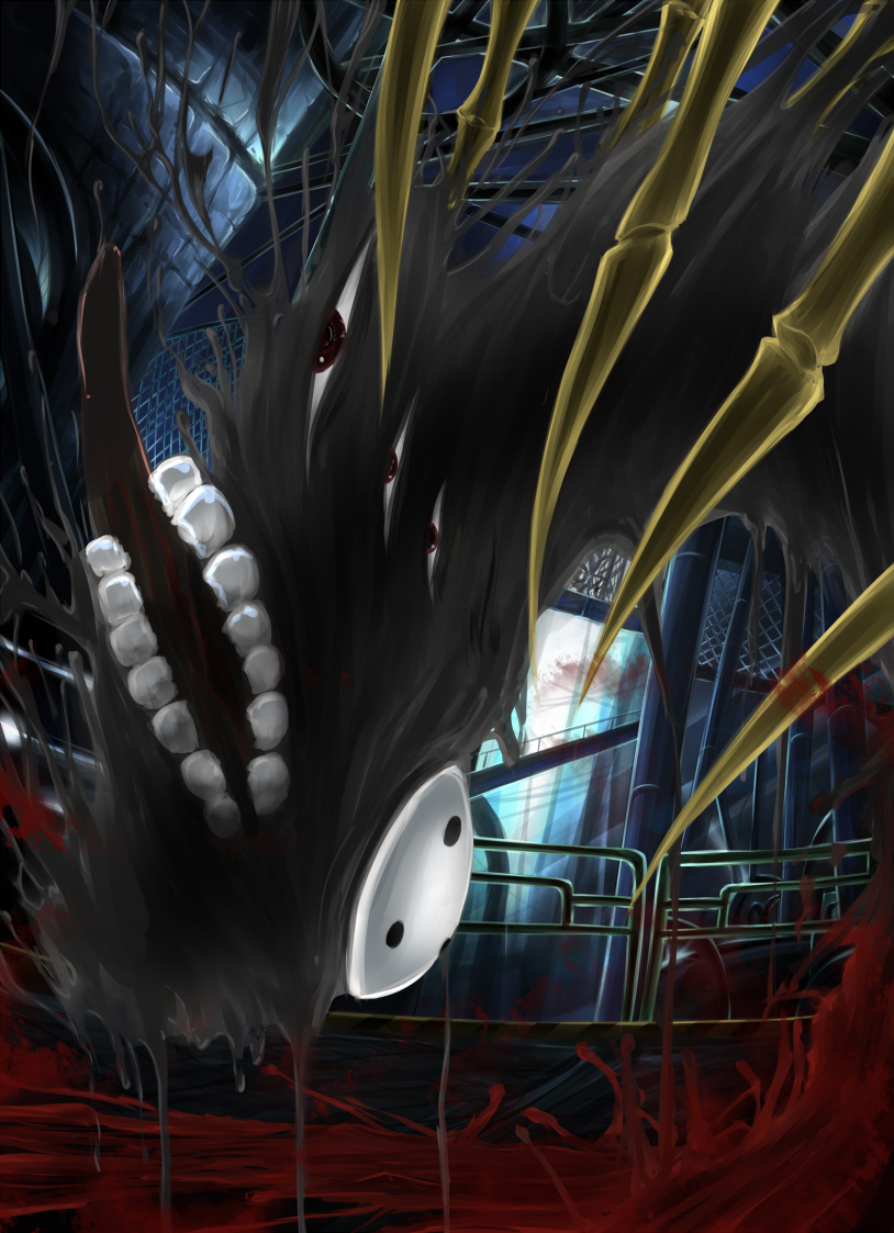 shimo (depthbomb), arakune, arc system works, blazblue, blazblue: calamity trigger, :o, blob, blood, bone, mask, no humans, red eyes, teeth
