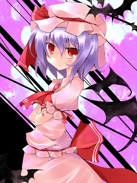 hoshikuzu, remilia scarlet, touhou, light purple hair, bad id, 1girl, bat (animal), blue hair, cloud, crossed arms, female focus, frown, hat, nail polish, red eyes, short hair, solo