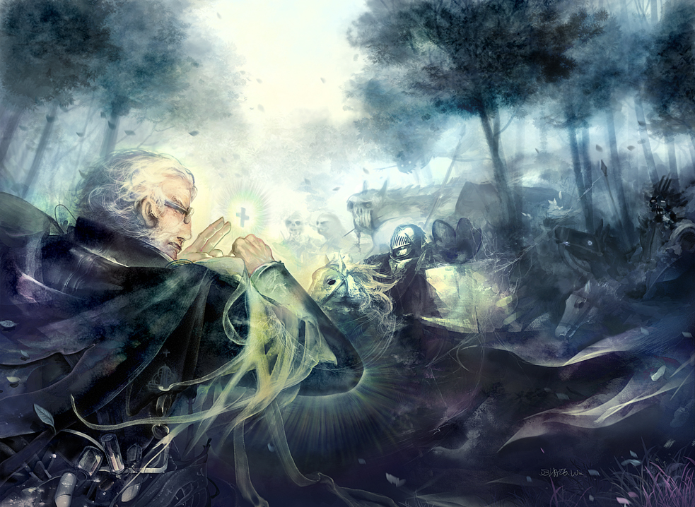 blaze wu, 1boy, androgynous, forest, glasses, grey hair, male focus, nature, outdoors, plant, priest, undead