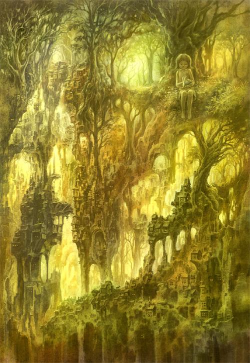 shirakaba toshiharu, usakichi, original, light, 1girl, aged down, castle, child, city, female focus, nature, rabbit, sitting, solo, tree