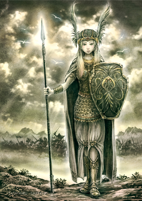 shirakaba toshiharu, usakichi, original, armor, armored dress, battle, bird, blonde hair, cloud, dress, green eyes, helmet, polearm, shield, sky, solo, spear, valkyrie, weapon