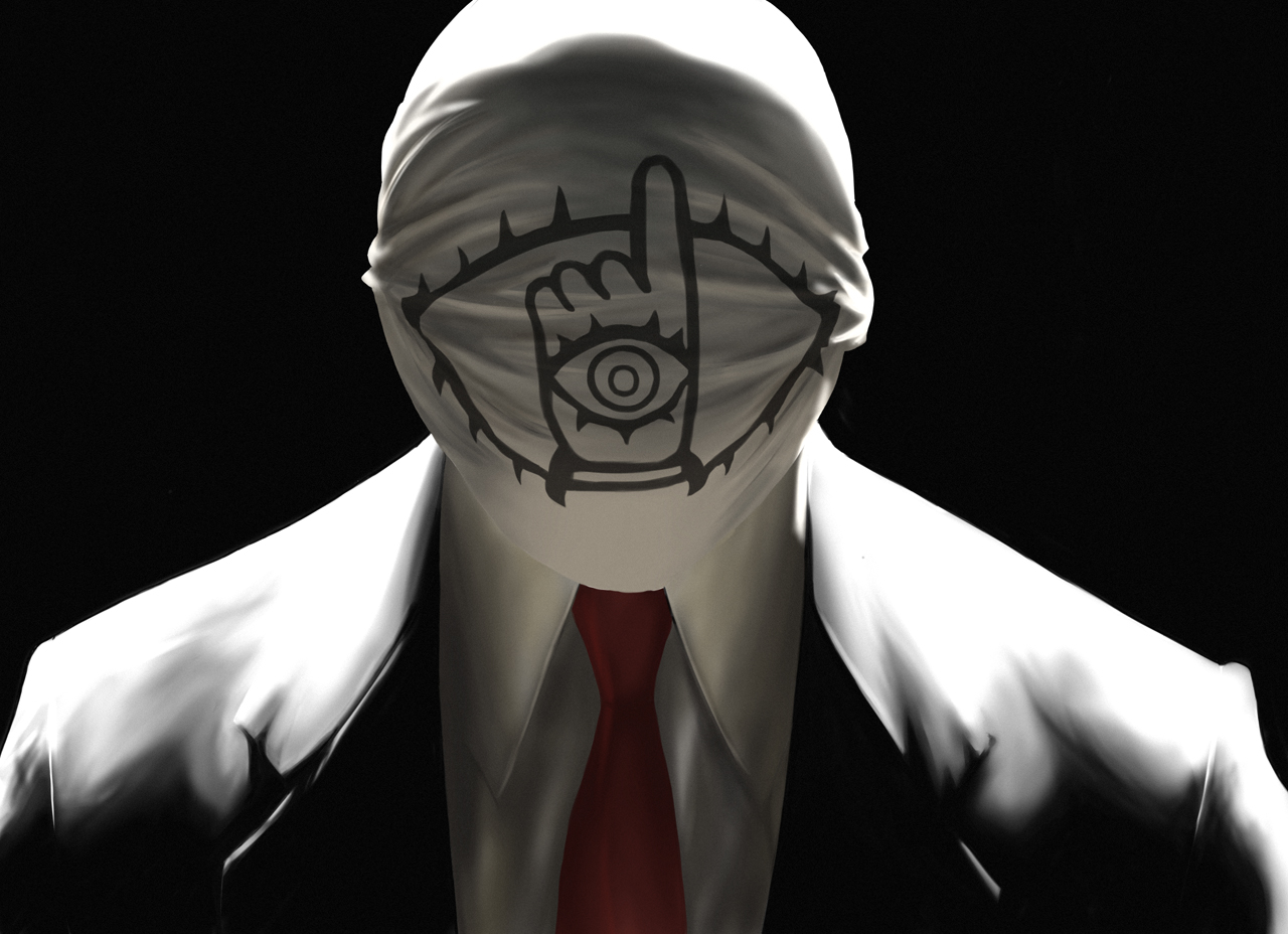 tomodachi (20th century boys), 20th century boys, source request, 1boy, formal clothes, friend, male focus, mask, necktie, realistic, solo, suit