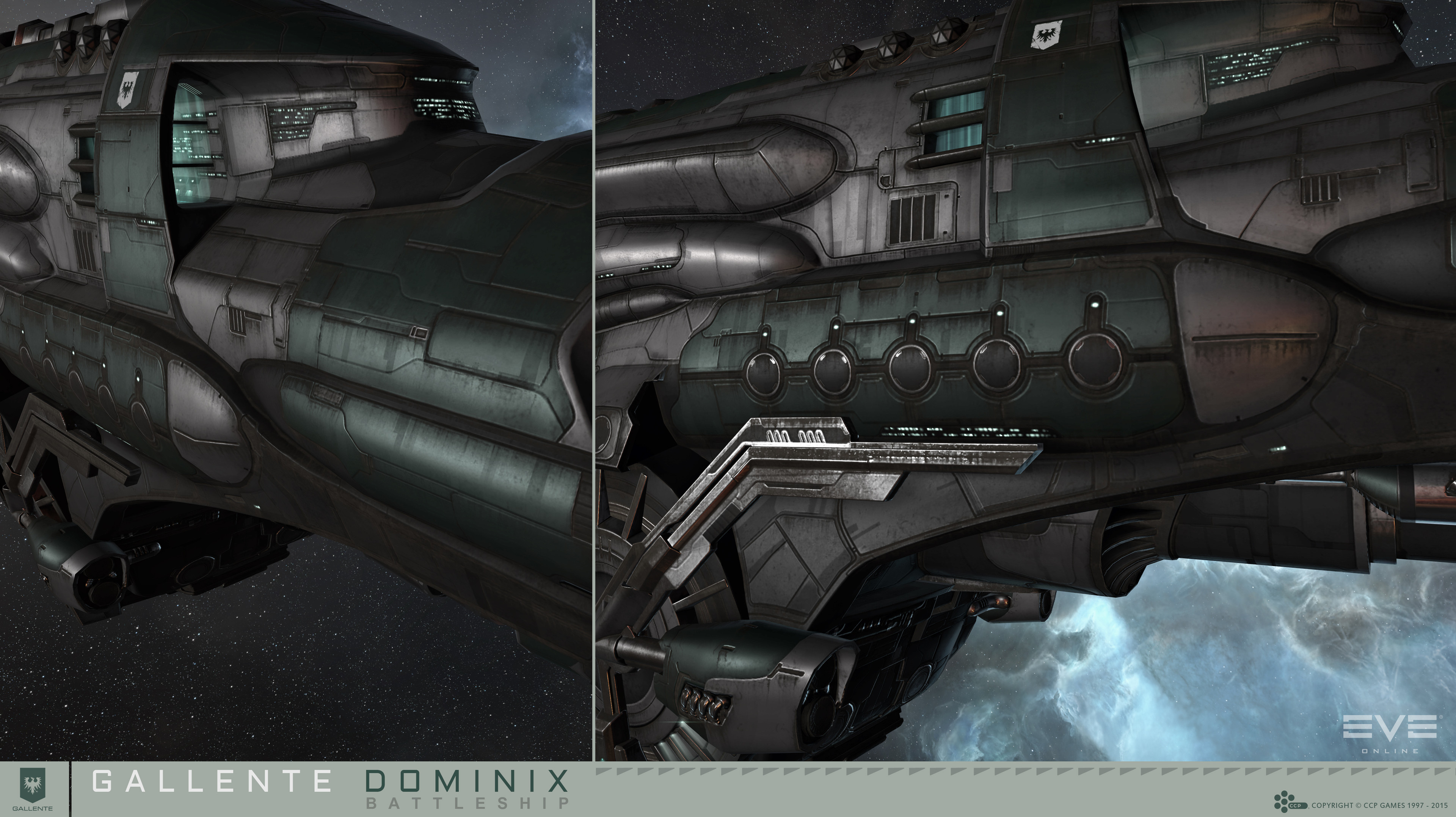 eve online, absurdres, commentary, english commentary, highres, official art, photoshop (medium), 3d, battleship (eve online), carrier, close-up, cloud, combat ship (eve online), company logo, company name, copyright logo, copyright name, dated, dominix (eve online), droneboat (eve online), emblem, english text, federation navy (eve online), gallente federation (eve online), glowing, grey background, hangar, logo, military vehicle, multiple views, nebula, no humans, outdoors, realistic, science fiction, space, spacecraft, star (sky), starry sky background, thrusters, vehicle focus, vehicle name, ymir jonsson