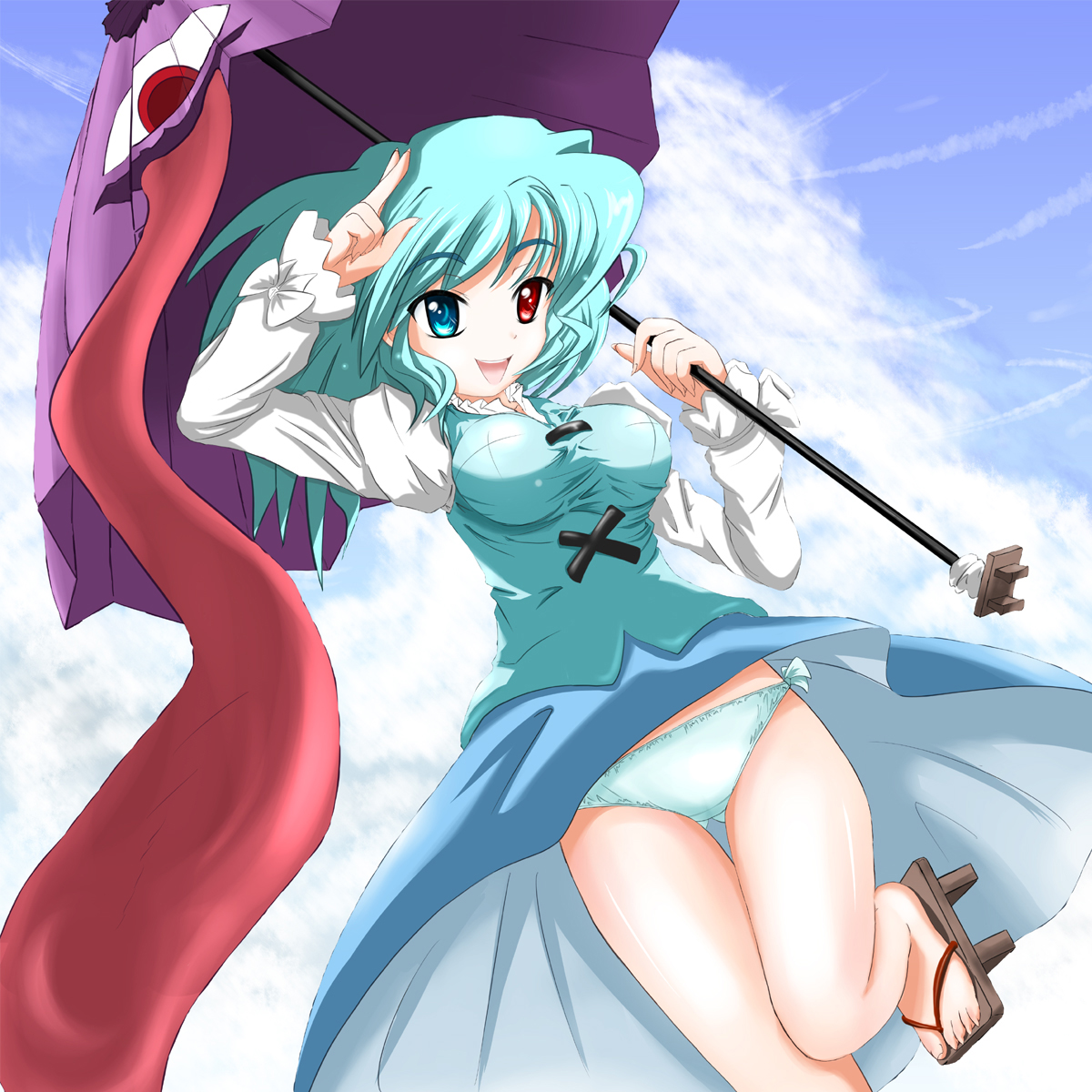 kado, tatara kogasa, touhou, highres, 1girl, blue eyes, blue hair, breasts, clothes lift, cloud, day, female focus, full body, geta, heterochromia, karakasa obake, large breasts, matching hair/eyes, no socks, outdoors, panties, red eyes, skirt, skirt lift, sky, solo, tongue, umbrella, underwear, upskirt