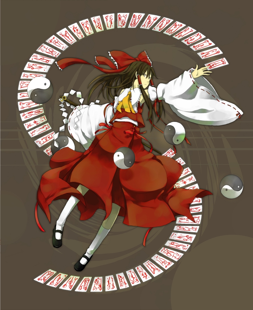 eryngii yoko, hakurei reimu, touhou, 1girl, black hair, detached sleeves, female focus, full body, gohei, japanese clothes, long hair, miko, ofuda, oonusa, ribbon, skirt, solo, twintails