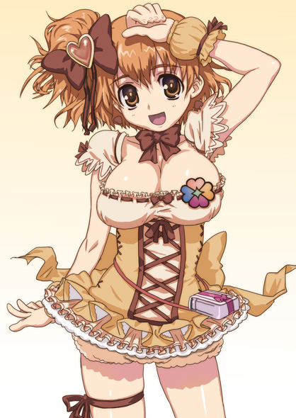 hirose (mokiki), cure pine, yamabuki inori, fresh precure!, precure, 00s, 1girl, bag, bow, breasts, brown bow, brown eyes, brown hair, cleavage, female focus, hair bow, hair ornament, handbag, heart, heart hair ornament, large breasts, magical girl, ribbon, short hair, side ponytail, solo, thigh strap, wrist cuffs