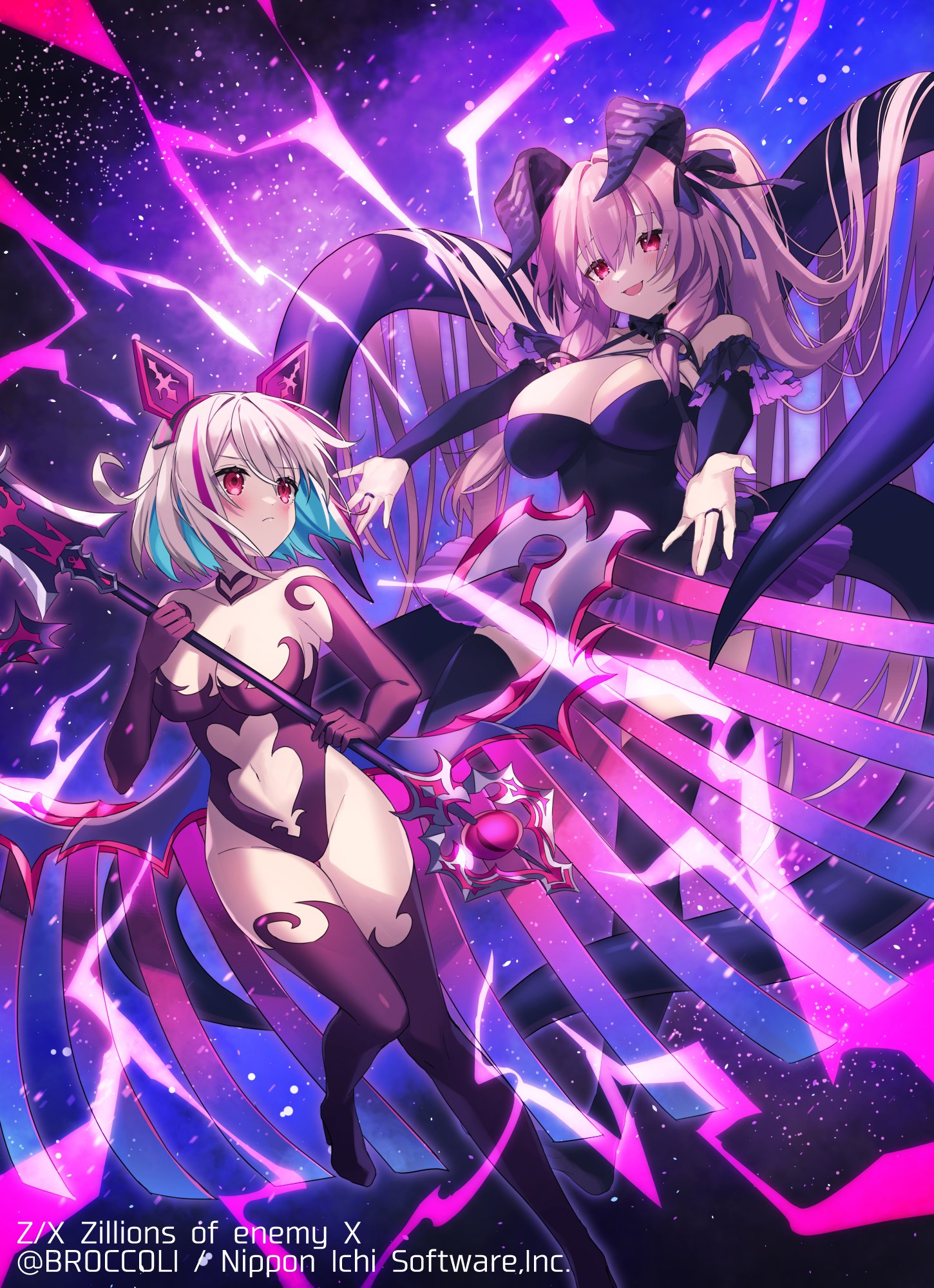 saiki komari, tenryuu yutaka, z/x, highres, official art, 2girls, animal ears, aqua hair, boots, bow, breasts, cleavage, closed mouth, clothing cutout, colored inner hair, copyright notice, demon girl, demon horns, detached sleeves, dress, elbow gloves, electricity, fake animal ears, gloves, grey hair, hair bow, holding, holding weapon, horns, ku rito (z/x), large breasts, leotard, long hair, multicolored hair, multiple girls, navel, navel cutout, open mouth, pink hair, purple boots, purple bow, purple dress, purple gloves, purple leotard, red eyes, revealing clothes, short hair, tentacles, thigh boots, weapon, yato urara