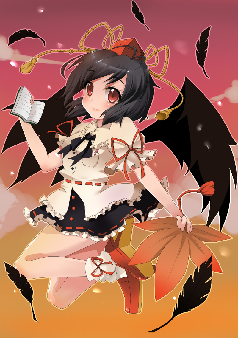 shie, shie (m417), shameimaru aya, touhou, bad id, bad pixiv id, 1girl, black hair, black wings, blush, book, feathers, female focus, geta, hand fan, hat, looking at viewer, red eyes, short hair, solo, tengu-geta, tokin hat, wings