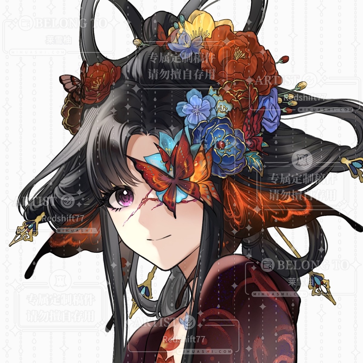 nikki (series), shining nikki, artist request, chinese commentary, commentary request, commission, flower request, highres, second-party source, 1girl, black hair, blue flower, bone ash painted screen (shining nikki), bow-shaped hair, butterfly in eye, chest tattoo, chinese clothes, chinese hairpin, closed mouth, eyelashes, floral print, flower, flower tattoo, hair flower, hair ornament, hair rings, hairpin, hanfu, happy, long sidelocks, looking at viewer, multiple hairpins, one-eyed, parted bangs, purple eyes, red flower, red hanfu, sample watermark, short hair with long locks, sidelocks, simple background, smile, solo, tattoo, too many watermarks, updo, upper body, watermark, watermark grid, white background, yellow flower
