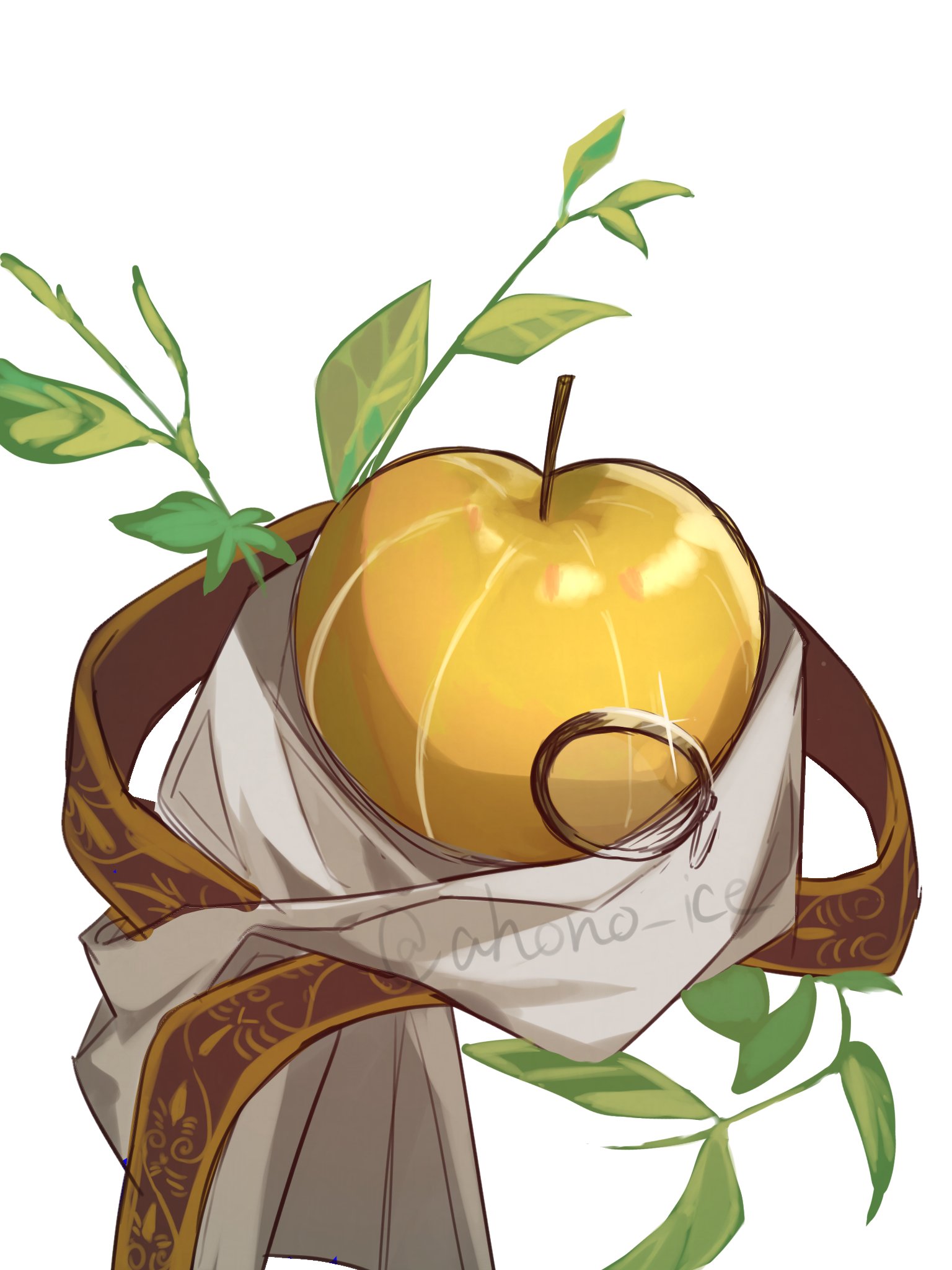aisu (ahono ice), apple (reverse:1999), apple (the fruit of wisdom) (reverse:1999), reverse:1999, commentary, highres, apple, food, fruit, glint, golden apple, leaf, monocle, no humans, object focus, official alternate costume, still life, twitter username, white background