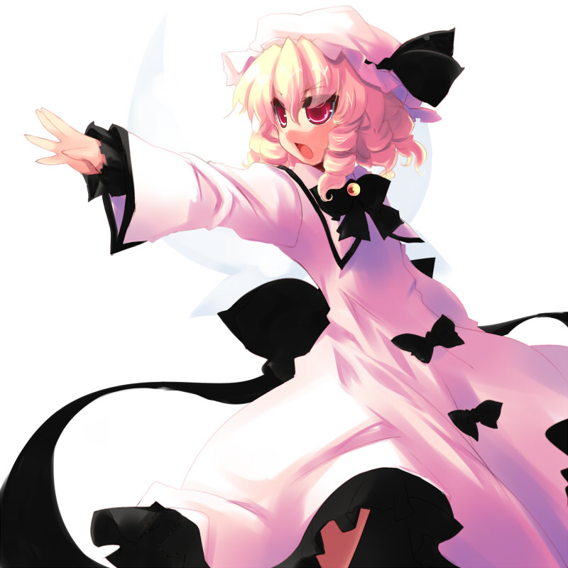 shin (new), luna child, eastern and little nature deity, touhou, touhou sangetsusei, 1girl, blonde hair, female focus, hat, red eyes, ribbon, short hair, simple background, solo, standing, white background