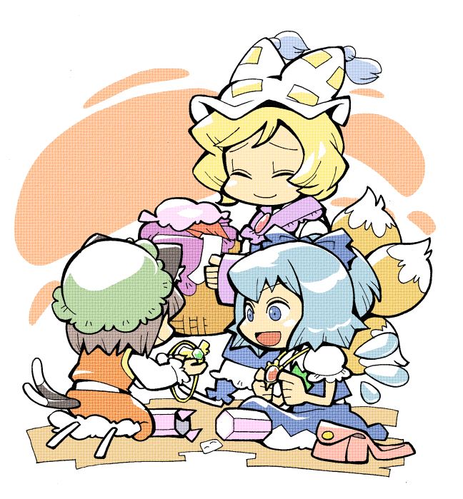 hounori, chen, cirno, yakumo ran, touhou, 3girls, animal hat, blonde hair, blue hair, brown hair, cat tail, closed eyes, female focus, fox tail, hat, ice, ice wings, jewelry, long sleeves, mob cap, multiple girls, multiple tails, open mouth, pendant, puffy short sleeves, puffy sleeves, short hair, short sleeves, smile, socks, tail, tassel, wide sleeves, wings