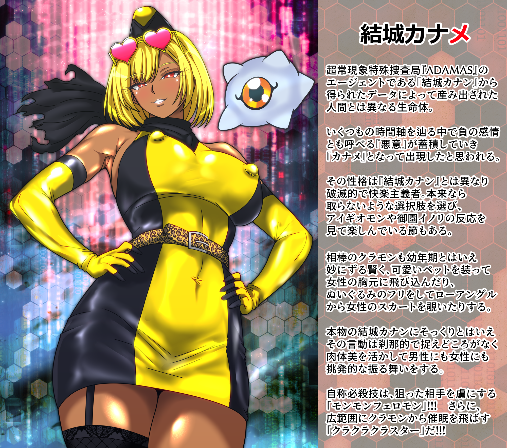 hudo shin, kuramon, yuuki kanan, digimon, digimon story: time stranger, highres, translation request, animal print, bare shoulders, blonde hair, breasts, checkered pantyhose, corruption, dark-skinned female, dark persona, dark skin, digimon (creature), dress, ganguro, gloves, gyaru, hat, large breasts, leopard print, short hair, simple background, sleeveless, sunglasses, tan, two-tone dress