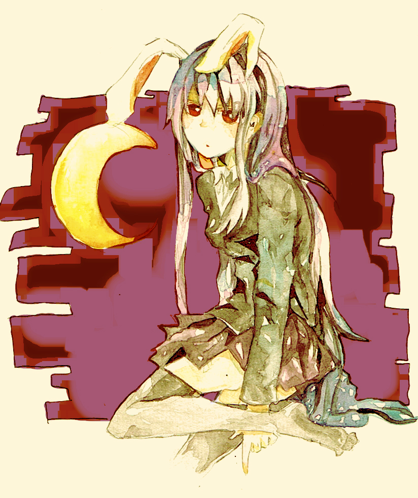 agishi, reisen udongein inaba, touhou, bad id, bad pixiv id, 1girl, animal ears, female focus, moon, rabbit ears, red eyes, sky, solo, thighhighs
