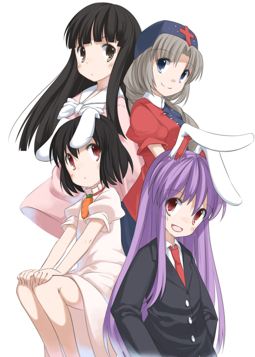 shouji ayumu, houraisan kaguya, inaba mob (touhou), inaba tewi, reisen udongein inaba, yagokoro eirin, team shanghai alice, touhou, bad id, bad pixiv id, highres, 4girls, animal ears, female focus, hat, multiple girls, necktie, rabbit ears, red necktie