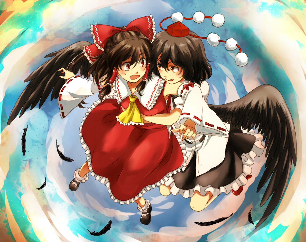 nugaa, hakurei reimu, shameimaru aya, touhou, eyebrows, 2girls, :p, black hair, black wings, blush, bow, detached sleeves, feathers, female focus, geta, hair between eyes, hair bow, hair tubes, hat, hug, hug from behind, looking at another, multiple girls, red eyes, red skirt, sarashi, shoes, short hair, skirt, tengu-geta, tokin hat, tongue, tongue out, wings