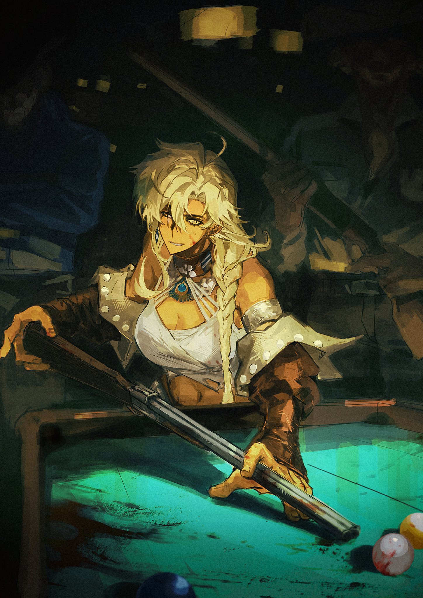 gusarlol, argus (reverse:1999), reverse:1999, highres, 1girl, 2boys, ball, bare shoulders, billiard ball, billiards, blonde hair, braid, breasts, brown choker, brown sleeves, choker, cleavage, dark, detached sleeves, grey eyes, grin, gun, heterochromia, holding, holding gun, holding weapon, large breasts, long braid, multiple boys, navel, peacock feathers, pool table, rifle, scar, scar across eye, scar on face, side braid, smile, solo focus, table, tank top, upper body, weapon, white tank top, yellow eyes