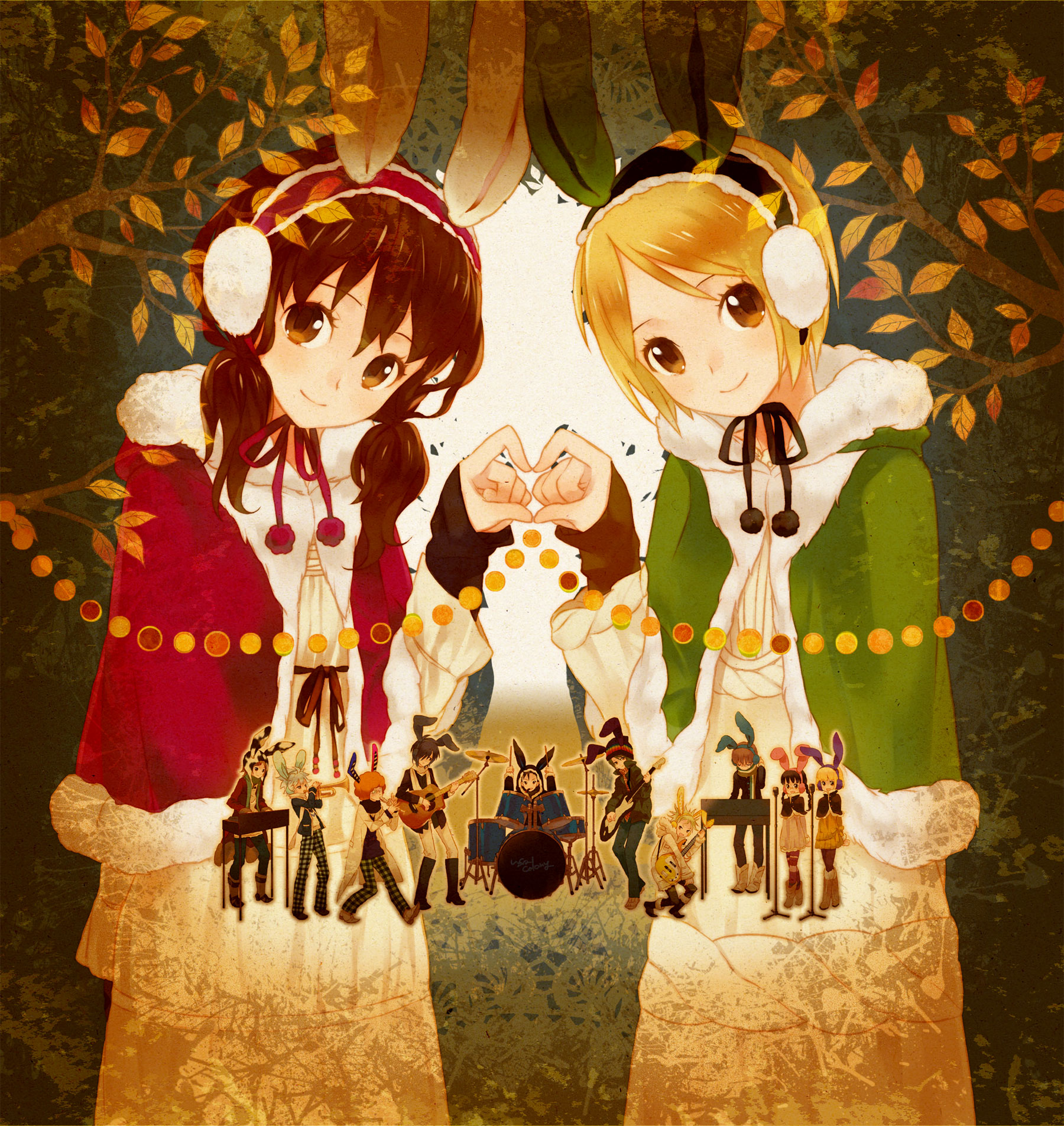 komagarita, komagata, indie utaite, bad id, bad pixiv id, highres, animal ears, blonde hair, brown eyes, brown hair, coat, earmuffs, heart, instrument, rabbit ears, short hair, smile