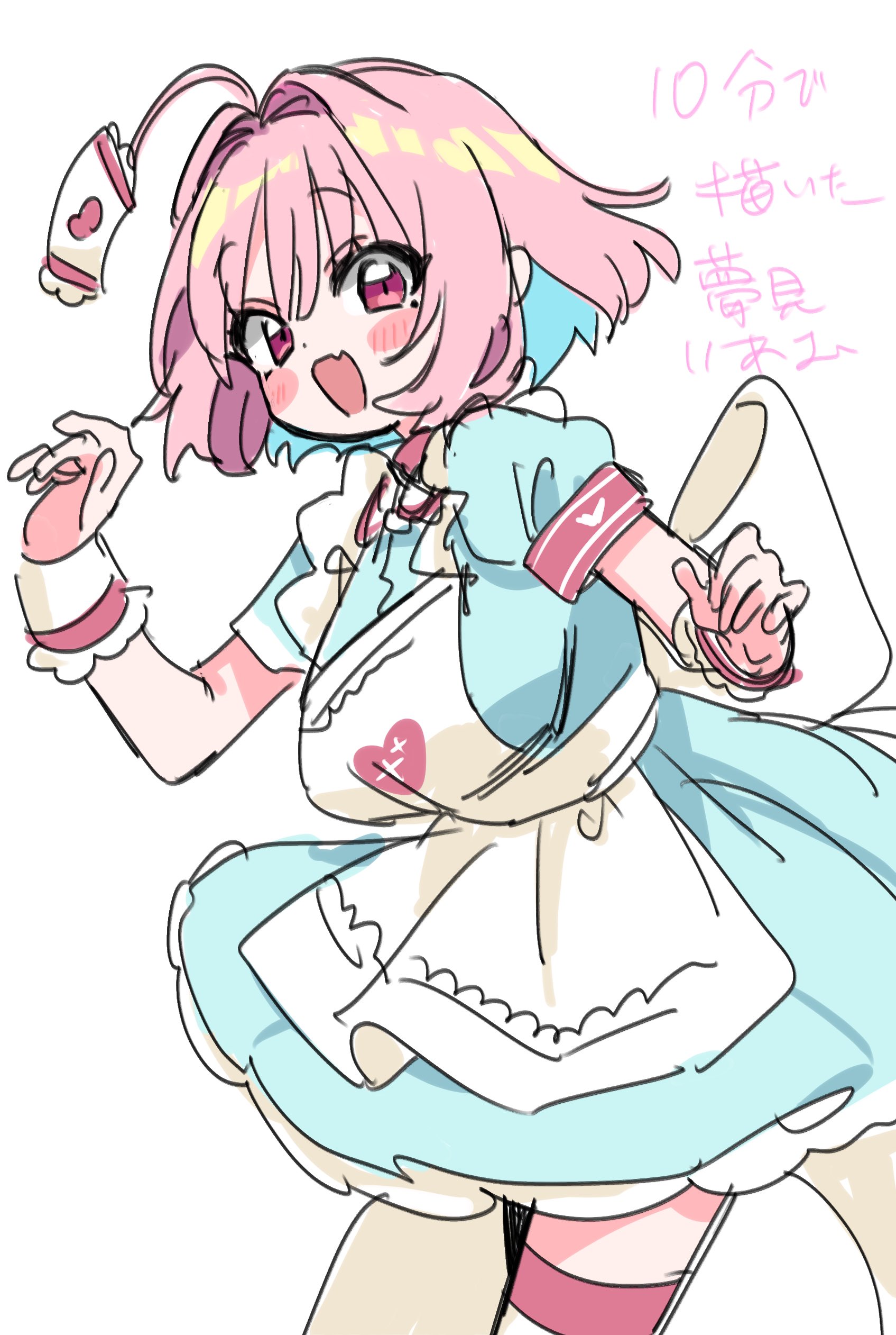 sukoyaka (100hituzi), yumemi riamu, idolmaster, idolmaster cinderella girls, idolmaster cinderella girls starlight stage, absurdres, clip studio paint (medium), commentary request, highres, making-of available, translation request, 1girl, ahoge, apron, aqua dress, aqua hair, armband, blush, blush stickers, breasts, dress, fang, floating hat, hair intakes, hat, heart, heart print, large breasts, looking at viewer, medium hair, multicolored hair, nurse cap, open mouth, pink armband, pink eyes, pink hair, pink theme, short sleeves, simple background, skin fang, smile, solo, striped clothes, striped thighhighs, thighhighs, thighs, two-tone hair, white apron, white background, white hat, white wrist cuffs, wrist cuffs