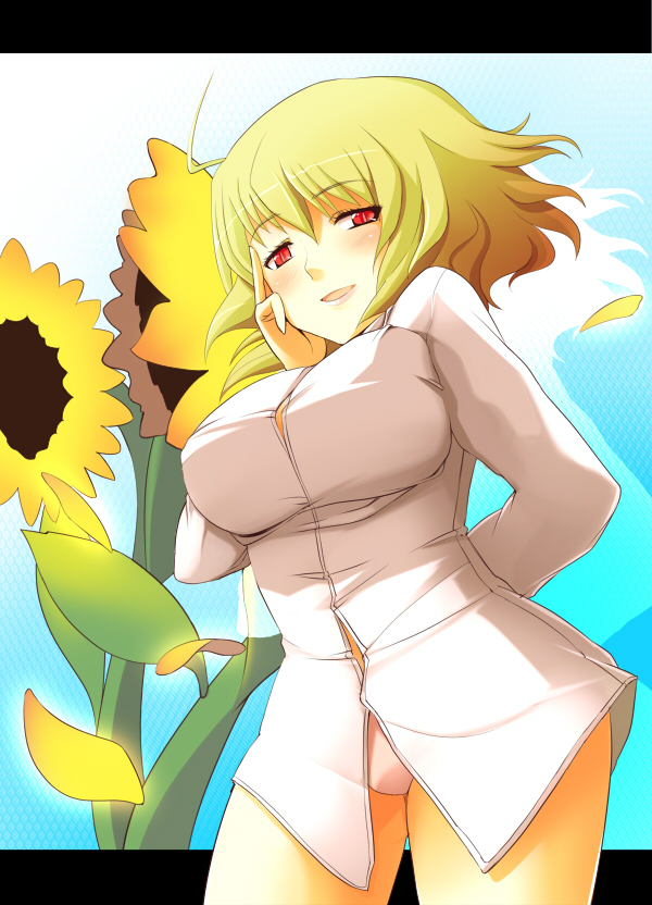 numako, kazami yuuka, touhou, bad id, bad pixiv id, 1girl, ahoge, alternate hair color, blonde hair, bottomless, breasts, female focus, flower, green hair, hand on own face, large breasts, letterboxed, no pants, panties, pink panties, red eyes, shirt, short hair, smile, solo, sunflower, taut clothes, taut shirt, underwear