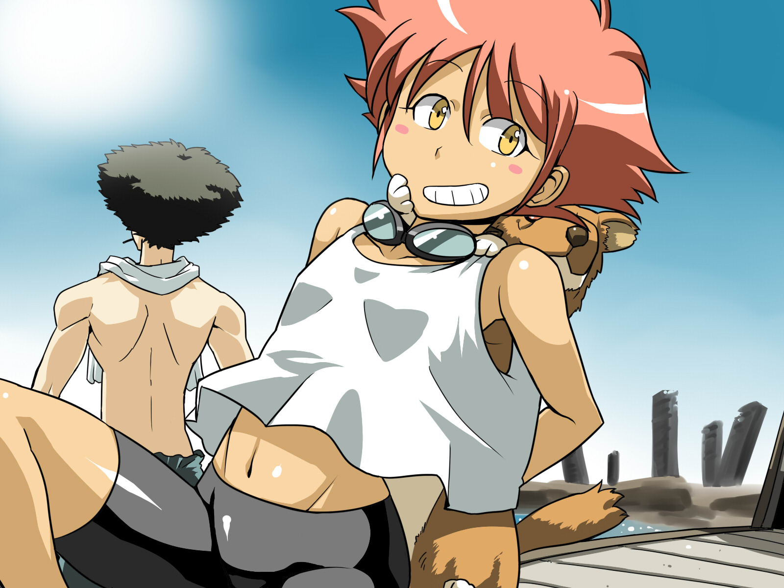 tukiwani, edward wong hau pepelu tivrusky iv, ein (cowboy bebop), spike spiegel, cowboy bebop, highres, 1990s (style), 1boy, 1girl, armpit peek, back, bike shorts, blush, blush stickers, dark skin, dog, goggles, midriff, red hair, retro artstyle, shirt, short hair, sleeveless, sleeveless shirt, smile, welsh corgi, yellow eyes