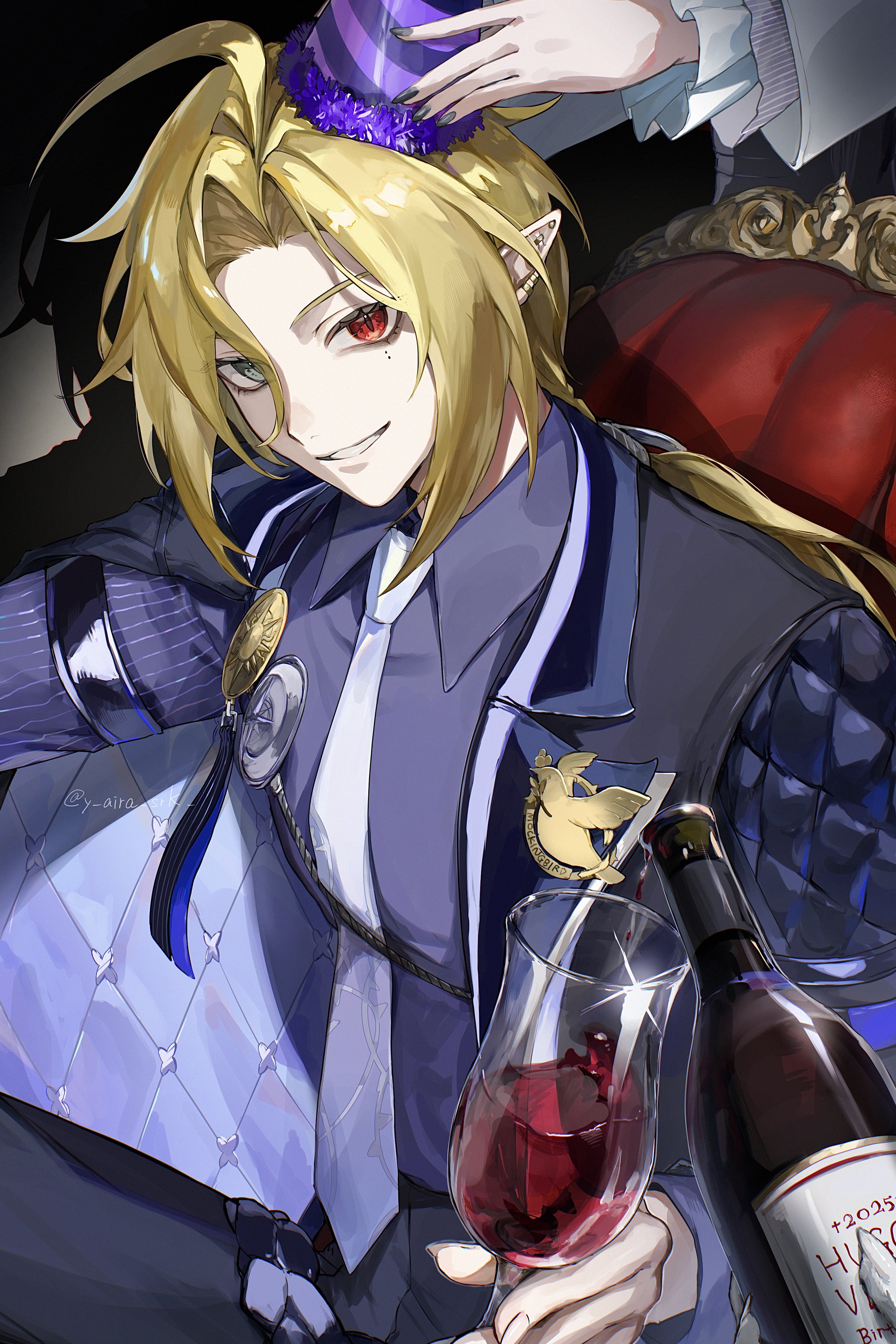 shiraki (y aira srk), hugo vlad, vivian banshee, von lycaon, zenless zone zero, absurdres, highres, 1girl, 2boys, arm out of sleeve, bicep strap, black coat, black nails, black pants, blonde hair, chair, champagne bottle, champagne flute, coat, cup, drinking glass, ear piercing, earrings, frilled sleeves, frills, grey eyes, grin, hair between eyes, hat, heterochromia, holding, holding cup, indoors, jewelry, lapel pin, long hair, looking at viewer, male focus, medallion, mole, mole under eye, multiple boys, necktie, pants, party hat, piercing, pointy ears, pov, purple hat, purple necktie, purple shirt, red eyes, shadow, shirt, sitting, smile, sparkle, white fur