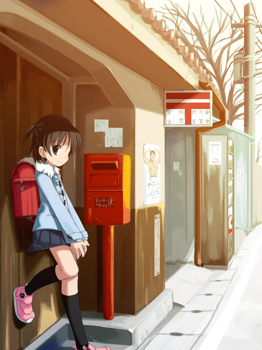 shouji ayumu, original, bad id, bad pixiv id, highres, 1girl, backpack, bag, black socks, brown hair, coat, female focus, japanese postal mark, kneehighs, postbox, randoseru, shoes, short hair, socks, solo