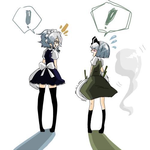oyu (pixiv448654), izayoi sakuya, konpaku youmu, konpaku youmu (ghost), touhou, bad id, bad pixiv id, lowres, !, 2girls, female focus, hitodama, multiple girls, ribbon, socks, thighhighs, zettai ryouiki