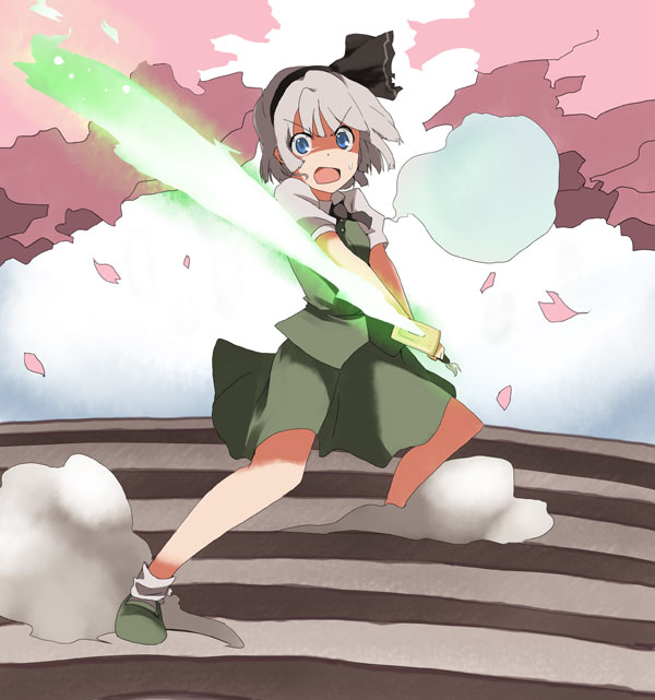 mie haru, mieharu, konpaku youmu, konpaku youmu (ghost), touhou, silver hair, 1girl, blue eyes, energy sword, female focus, frown, ghost, hairband, hitodama, looking at viewer, open mouth, ribbon, short hair, solo, sword, weapon