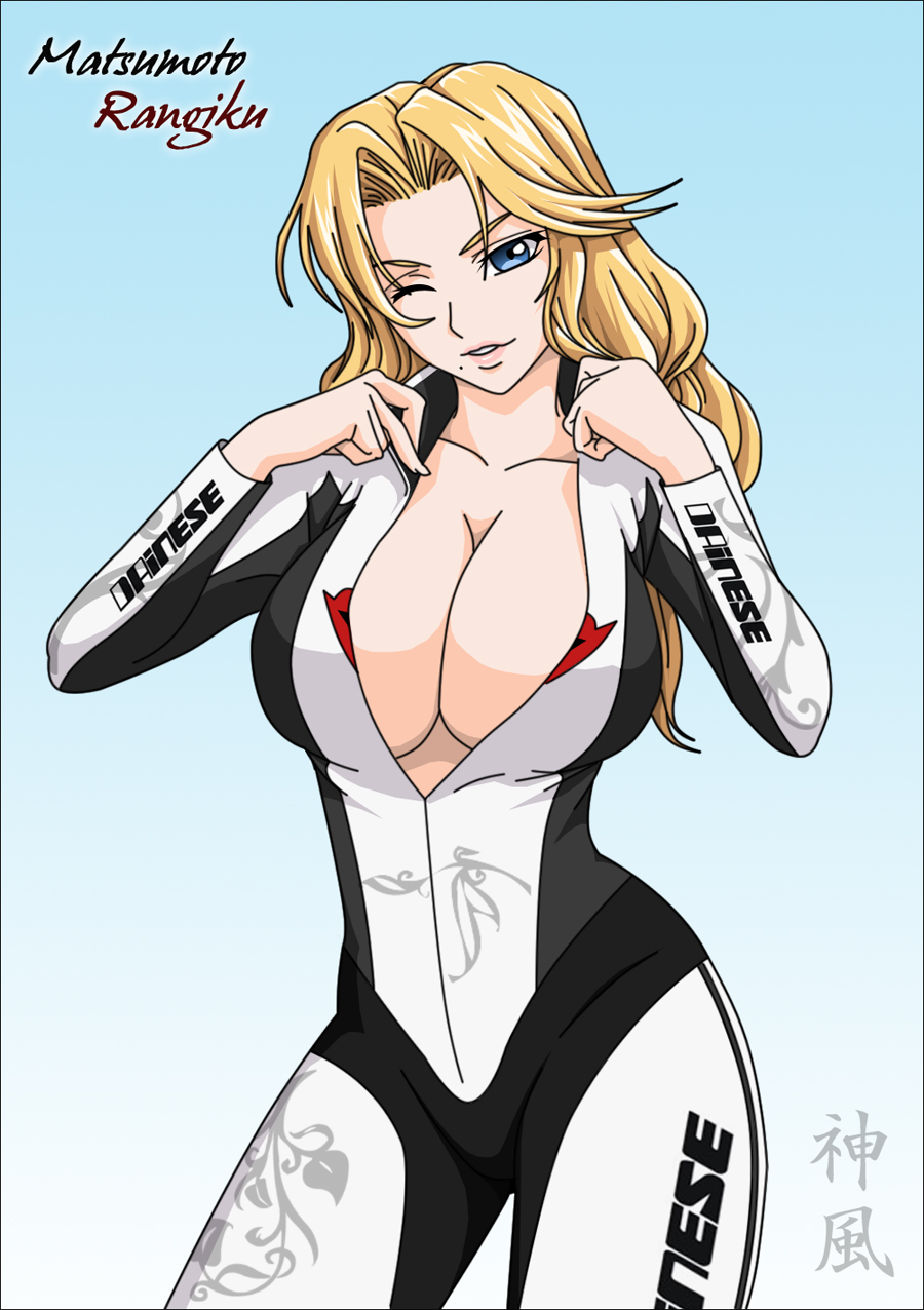 kagami hirotaka, matsumoto rangiku, bleach, derivative work, highres, 00s, 1girl, blonde hair, blue eyes, bodysuit, breasts, center opening, cleavage, curvy, female focus, huge breasts, large breasts, long hair, mole, mole under mouth, one eye closed, skin tight, solo, wink