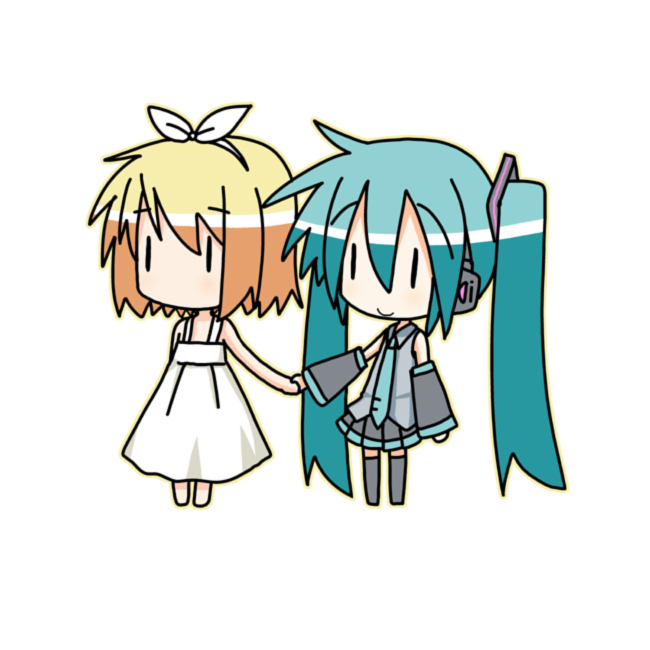 minami (colorful palette), chibi miku, hatsune miku, kagamine rin, kagamine rin (roshin yuukai), roshin yuukai (vocaloid), vocaloid, 2girls, aqua hair, chibi, holding hands, multiple girls, thighhighs, twintails, | |