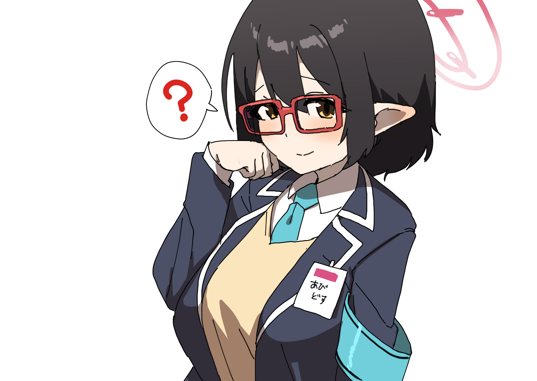 fuka (kantoku), ayane (blue archive), blue archive, commentary request, highres, 1girl, ?, armband, black hair, black jacket, blazer, blue necktie, blush, breasts, closed mouth, collared shirt, glasses, halo, id card, jacket, large breasts, long sleeves, looking at viewer, necktie, pointy ears, red-framed eyewear, red halo, shirt, short hair, simple background, smile, solo, spoken question mark, sweater vest, upper body, white background, white shirt, yellow eyes, yellow sweater vest