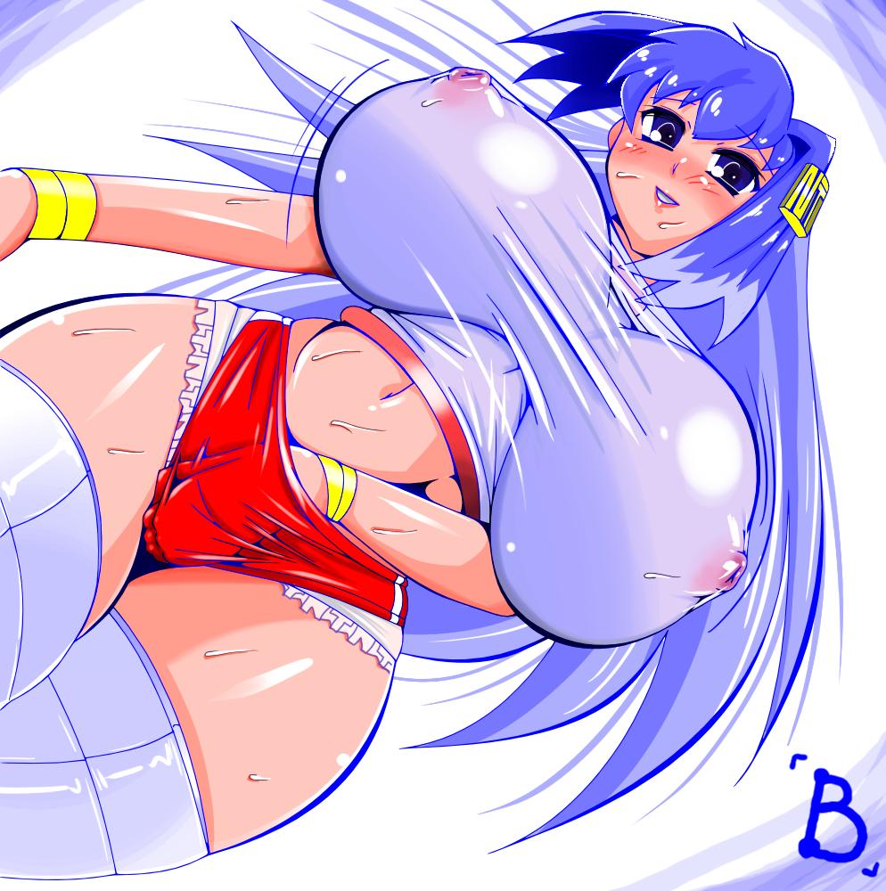 amano taiki, nt-tan, os-tan, 1girl, blue eyes, blue hair, blush, breasts, covered erect nipples, female focus, female masturbation, fingering, gigantic breasts, hand in panties, hip focus, huge breasts, masturbation, matching hair/eyes, midriff, navel, nipples, panties, see-through clothes, shirt, shorts, skin tight, solo, sweat, taut clothes, taut shirt, thick thighs, thighs, underwear, wet, wet clothes, wet shirt, wide hips