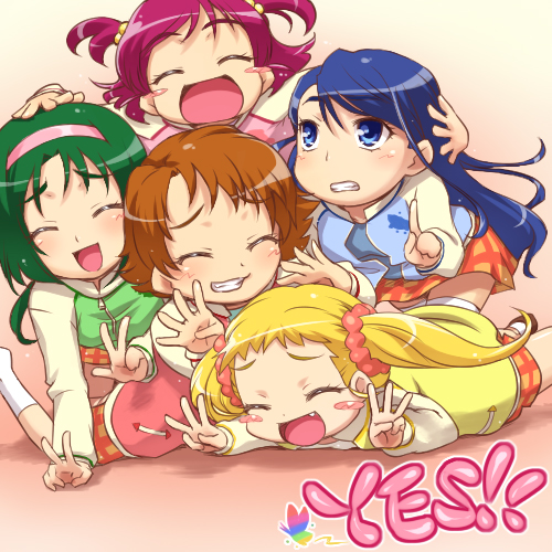 hairu, akimoto komachi, kasugano urara (yes! precure 5), minazuki karen, natsuki rin, yumehara nozomi, precure, yes! precure 5, lowres, 00s, 5girls, aged down, child, fang, hairband, happy, multiple girls, v