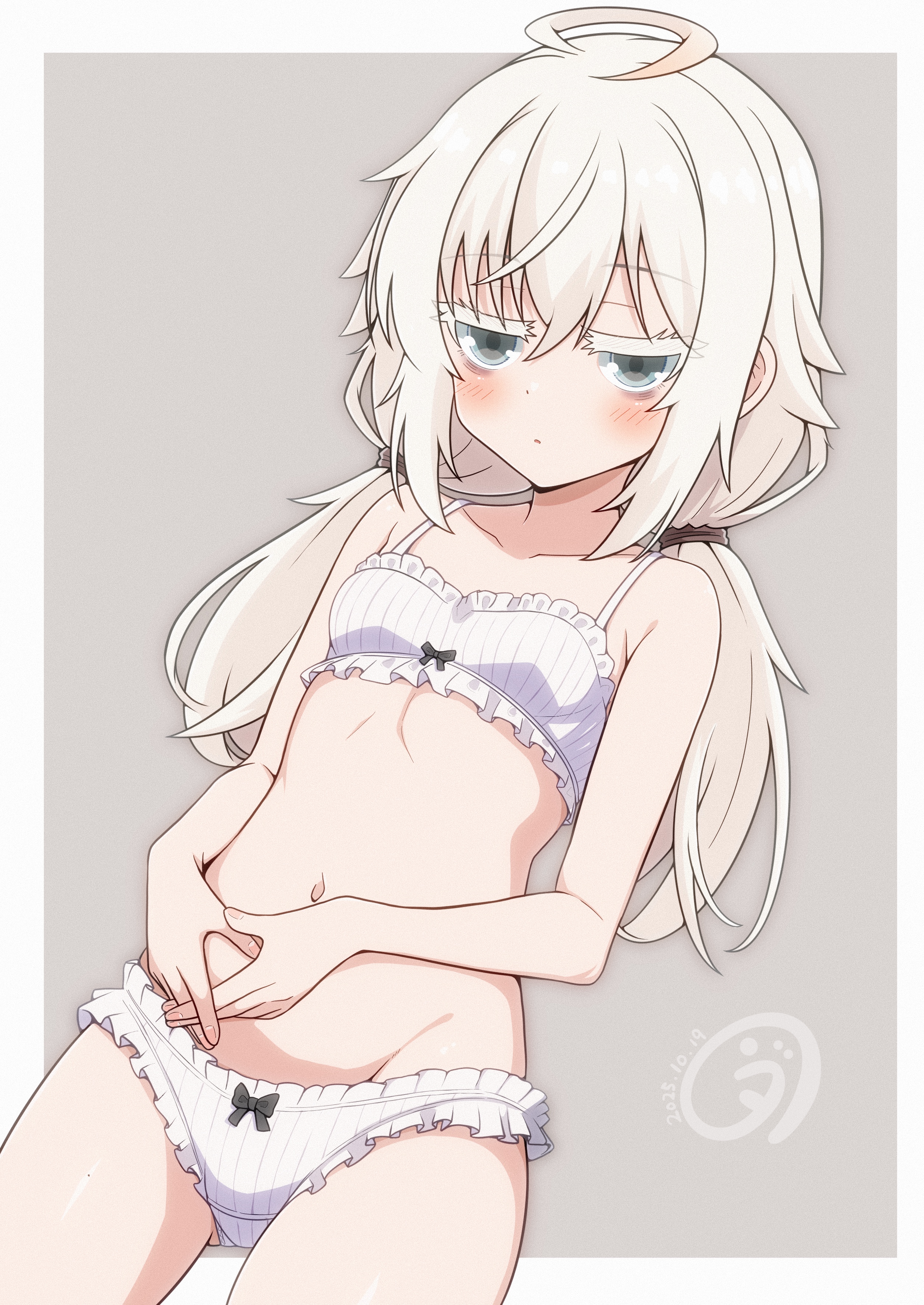 vuta, original, absurdres, highres, 1girl, ahoge, bra, breasts, frilled panties, frills, long hair, low twintails, navel, panties, small breasts, solo, twintails, underwear, underwear only