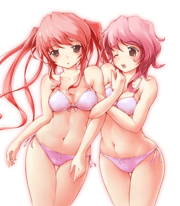 moupii (hitsuji no ki), pulltop, aizawa misaki, nire sumika, haruka ni aogi uruwashi no, arm grab, 2girls, blush, bra, breasts, brown eyes, cleavage, lingerie, long hair, multiple girls, panties, pink hair, short hair, side-tie panties, twintails, underwear, underwear only