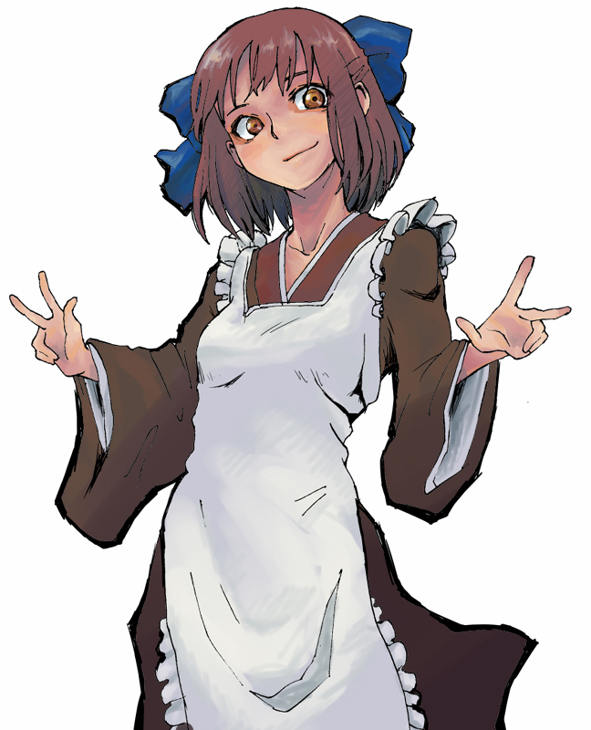 kotoyama, kohaku (tsukihime), tsukihime, type-moon, bad id, bad pixiv id, 00s, 1girl, bow, double v, female focus, hair bow, japanese clothes, kimono, maid, red hair, ribbon, solo, v, wa maid, yellow eyes