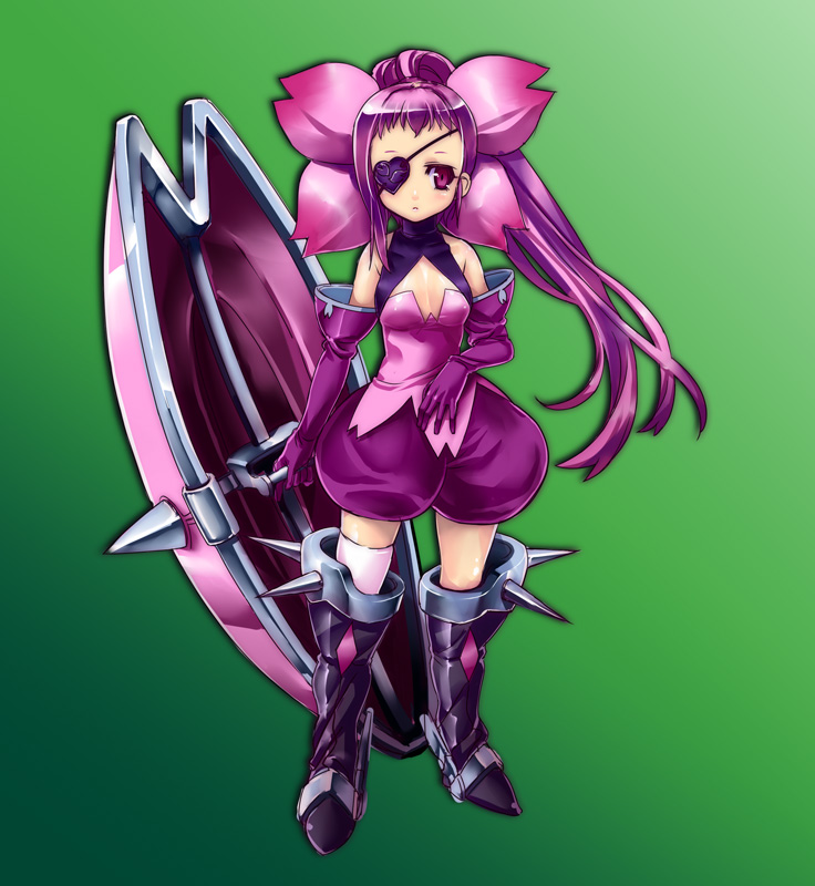 fujimon, bad id, bad pixiv id, 1girl, armor, breasts, cleavage, elbow gloves, eyepatch, female focus, gloves, greaves, long hair, medium breasts, pink eyes, pink hair, shield, solo