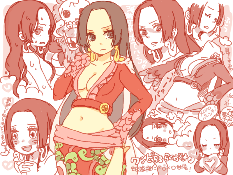 yukke, boa hancock, salome (one piece), one piece, translation request, 1girl, amazon warrior, black hair, blush, breasts, cleavage, earrings, happy, heart, heart hands, jewelry, long hair, midriff, multiple expressions, navel, nude, sigh, skull, snake