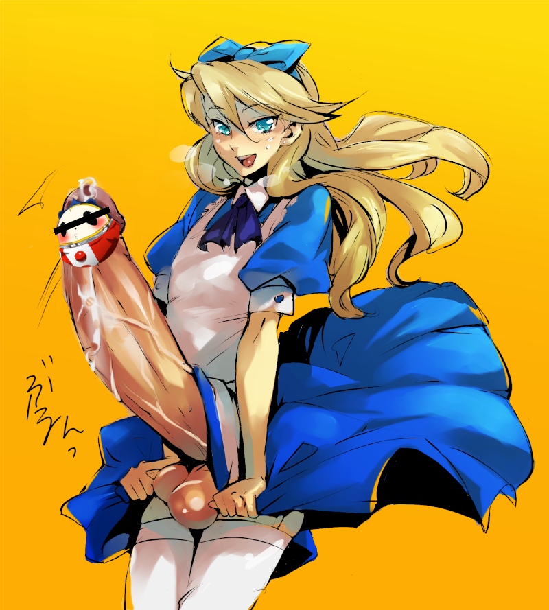 yamada 3, alice (alice in wonderland), kuma (persona 4), alice's adventures in wonderland, atlus, megami tensei, persona, persona 4, shin megami tensei, bad id, bad pixiv id, 1boy, alice (alice in wonderland) (cosplay), androgynous, apron, aqua eyes, blonde hair, blue eyes, bow, censored, cosplay, crossdressing, crossdressing (mtf), cum, dress, dual persona, earrings, erection, hair bow, hair ribbon, huge penis, huge testicles, jewelry, large penis, long hair, male focus, novelty censor, penis, precum, ribbon, solo, sweat, testicles, thighhighs, trap, veins, veiny penis