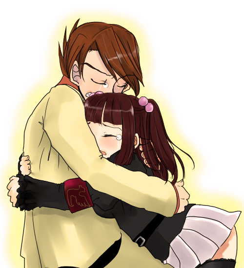 ushiromiya ange, ushiromiya battler, umineko no naku koro ni, 00s, 1boy, 1girl, armband, brother and sister, closed eyes, comforting, hair bobbles, hair ornament, hetero, hug, jacket, necktie, red hair, short hair, siblings, tears, thighhighs, twintails, zettai ryouiki