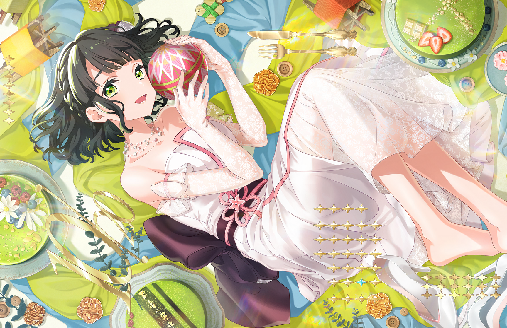 momose ginko, link! like! love live!, love live!, game cg, highres, non-web source, official art, 1girl, andon, back bow, ball, bare shoulders, barefoot, black bow, black hair, black sash, blueberry, bow, braid, breasts, cake, candy, chocolate, chocolate bar, collarbone, dated, dress, elbow gloves, flower, flower knot, food, fork, frilled gloves, frills, fruit, full body, gloves, green eyes, high heels, holding, holding ball, lace, lace gloves, lens flare, looking at viewer, lying, matcha (food), medium breasts, momose ginko (17th birthday), nerikiri, obi, obijime, on side, raspberry, sash, shoes, short hair, side braids, sideways, solo, strapless, strapless dress, strawberry, strawberry slice, table knife, temari ball, unworn shoes, virtual youtuber, wagashi, white dress, white flower, white gloves, white shoes